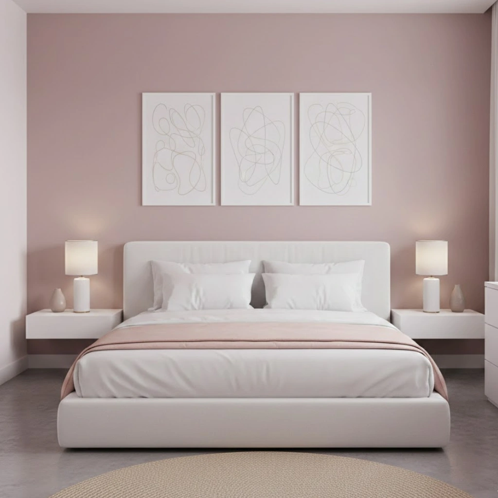 Minimalist aesthetic pink and white bedroom with simple decor and clean styling