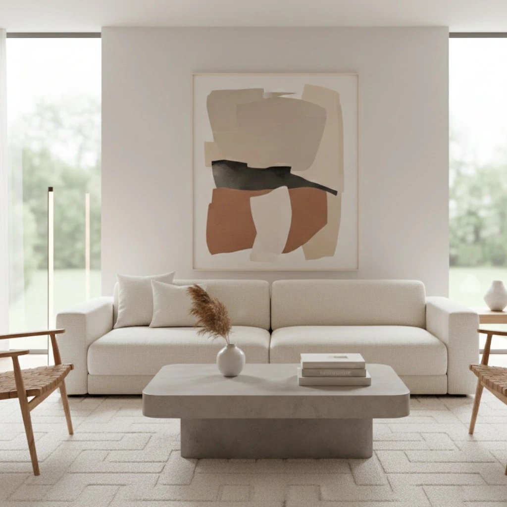 Minimalist chic living room with neutral sofa, statement coffee table, and subtle accent decor.