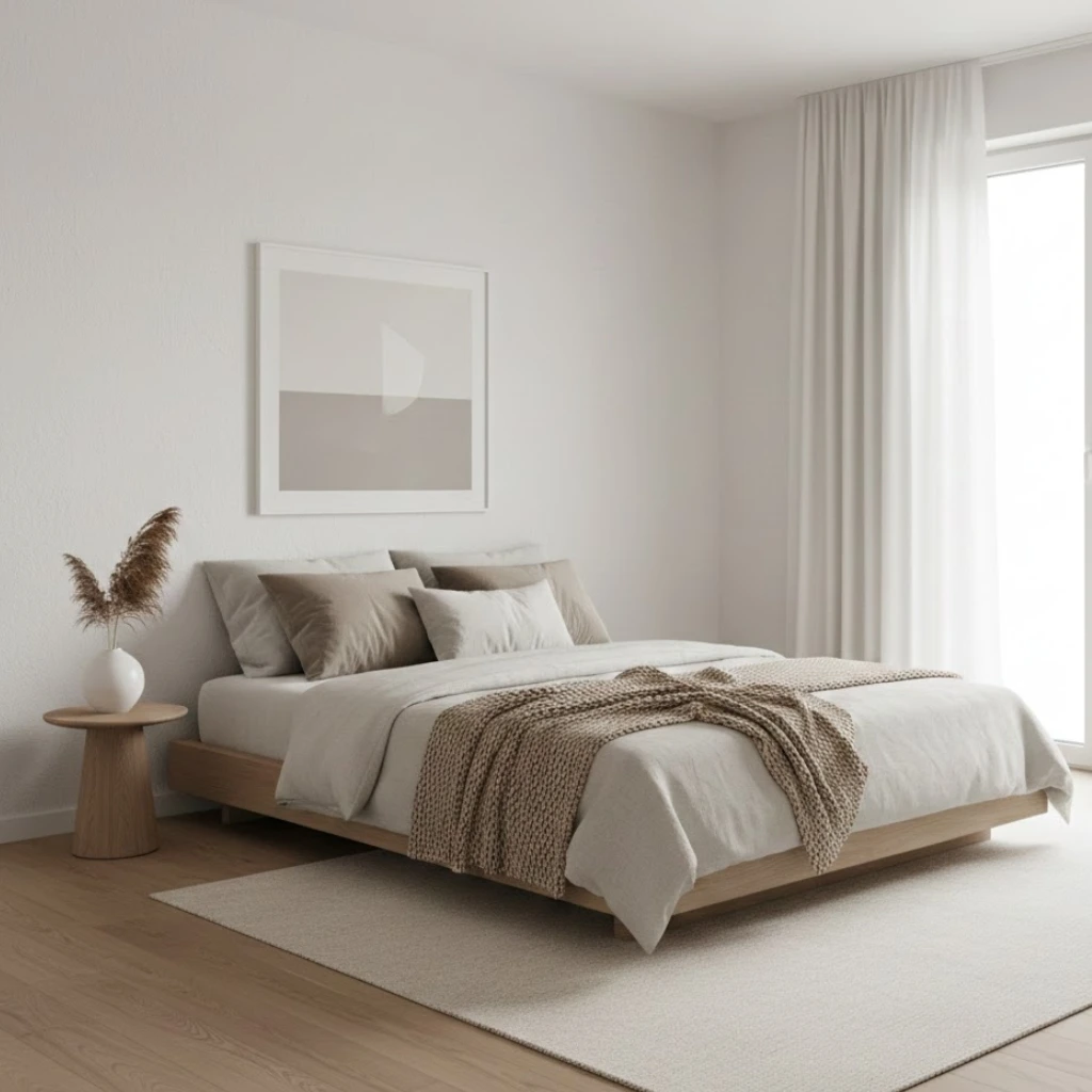 Minimalist modern bedroom with neutral colors and clean design