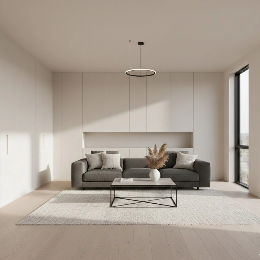 Minimalist modern living room with sleek furniture, neutral colors, and clutter-free design