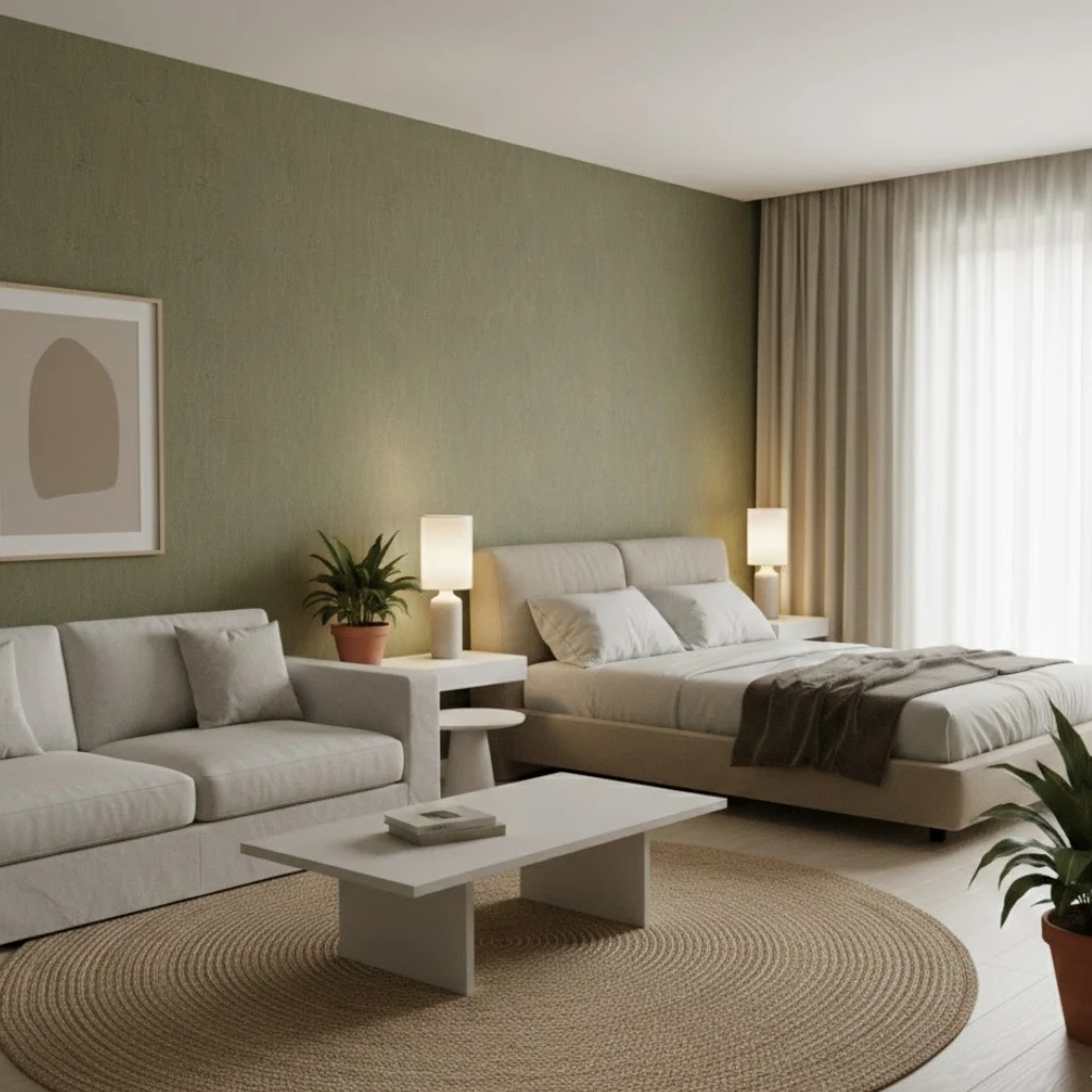 Minimalist room with olive green wallpaper and neutral furniture, showcasing a modern and subtle home decor style.