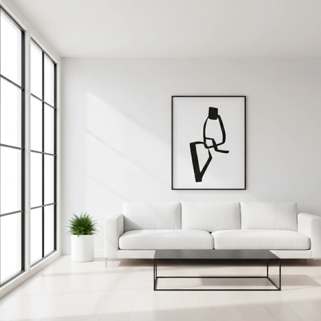 Minimalist white living room with clean lines, modern furniture, and clutter-free interior design.