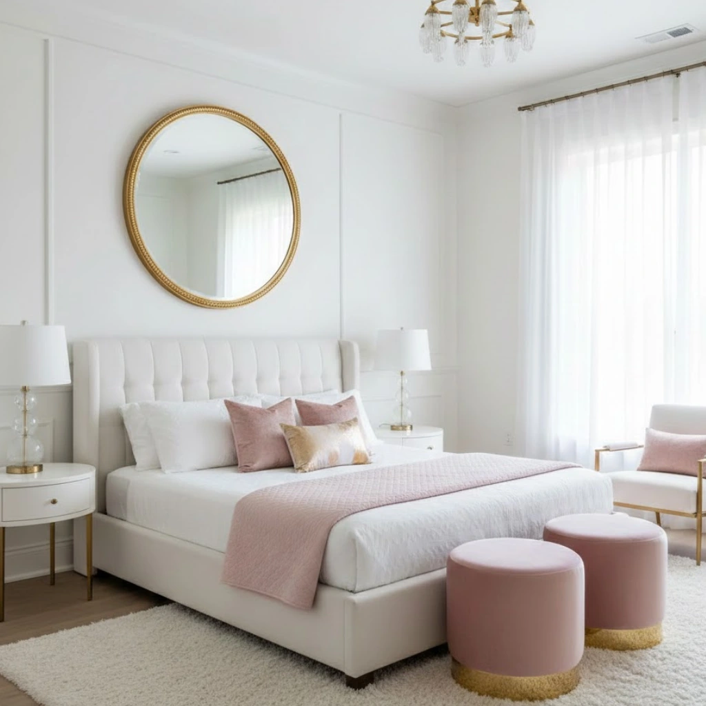 Mirror enhancing light in a white and pink bedroom aesthetic