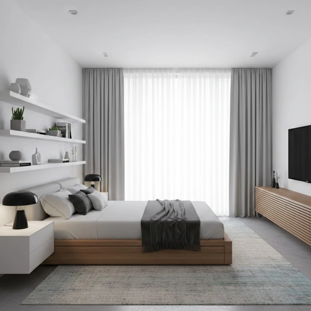 Modern bedroom featuring floating furniture design