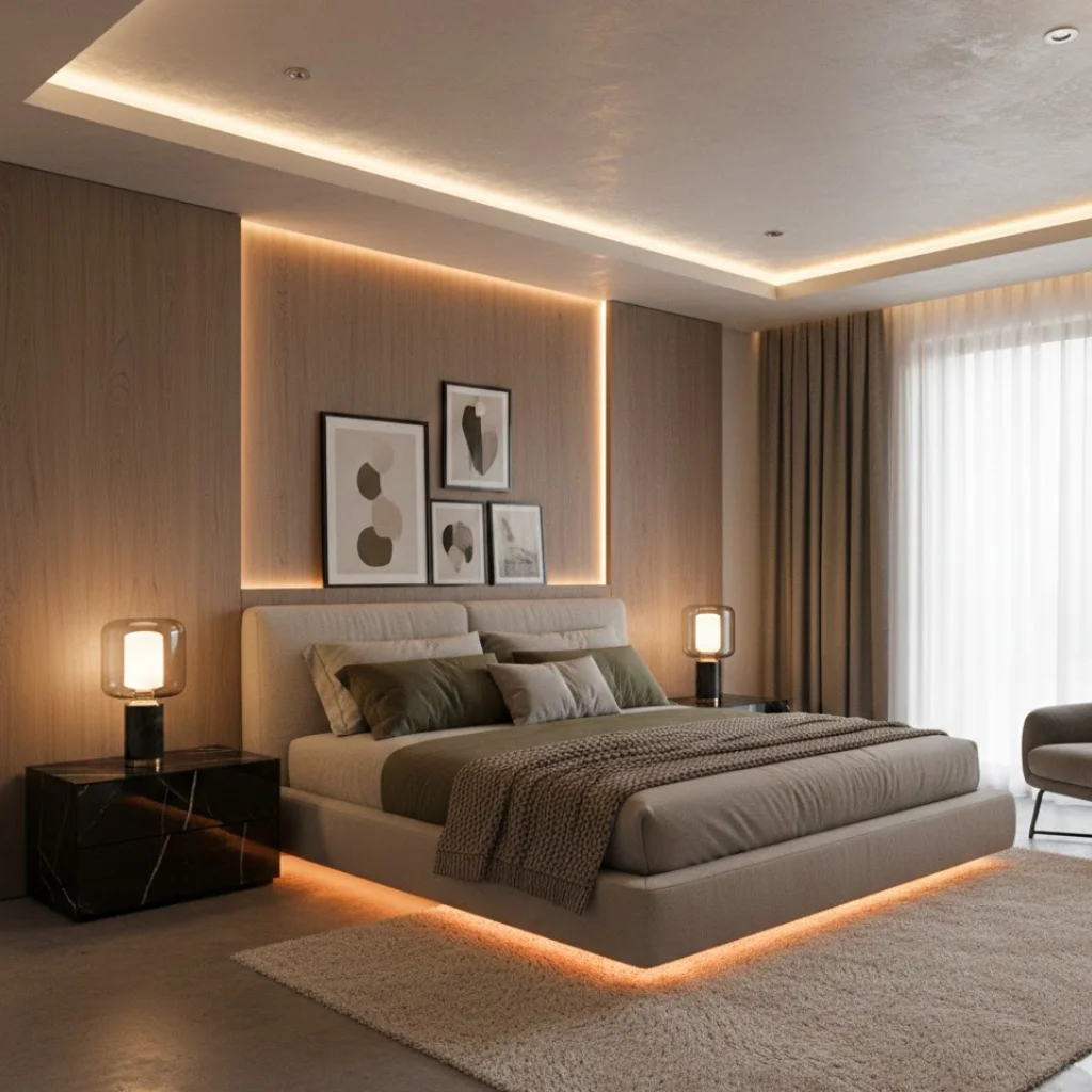 Modern bedroom featuring layered lighting for cozy ambiance
