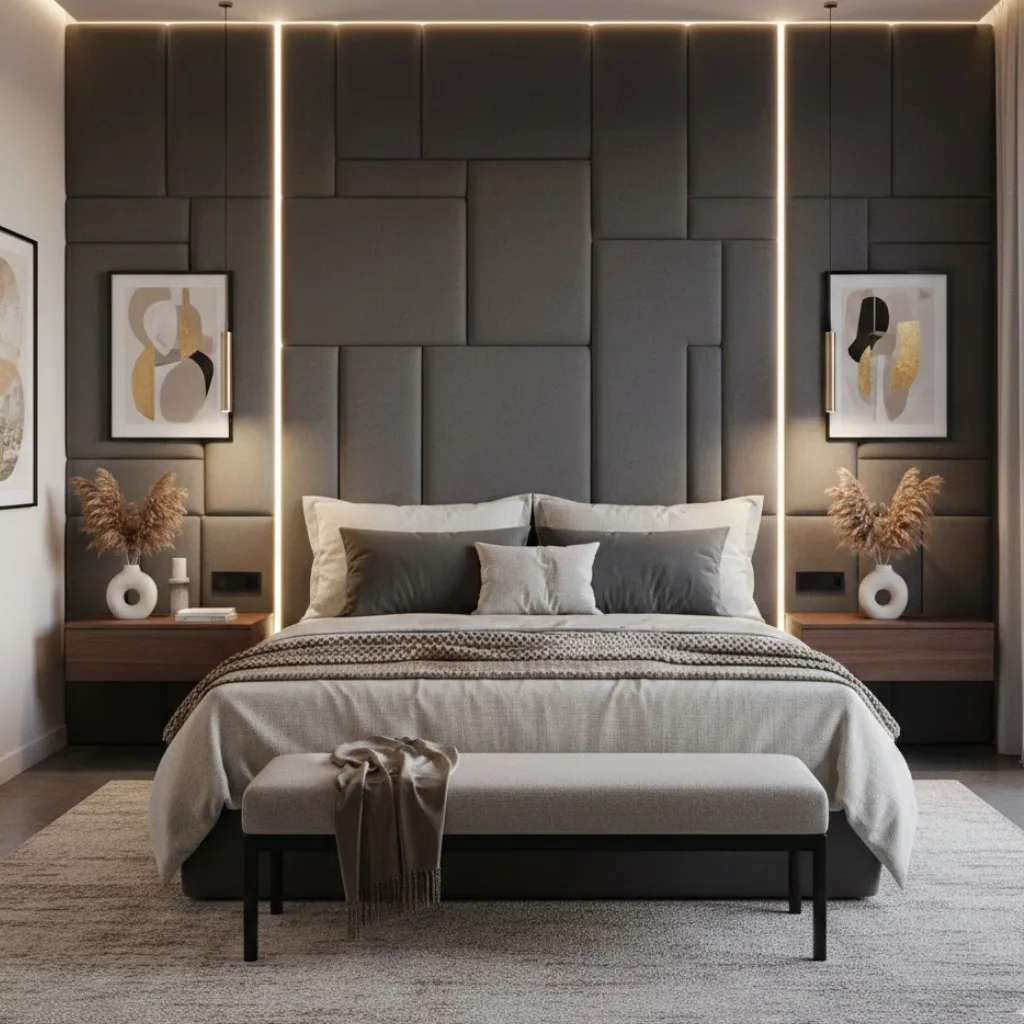 Modern bedroom with a bold statement headboard design