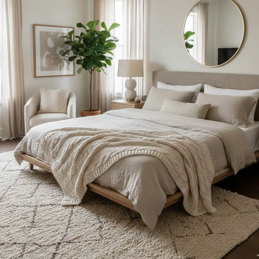 Modern bedroom with cozy textures and layered fabrics