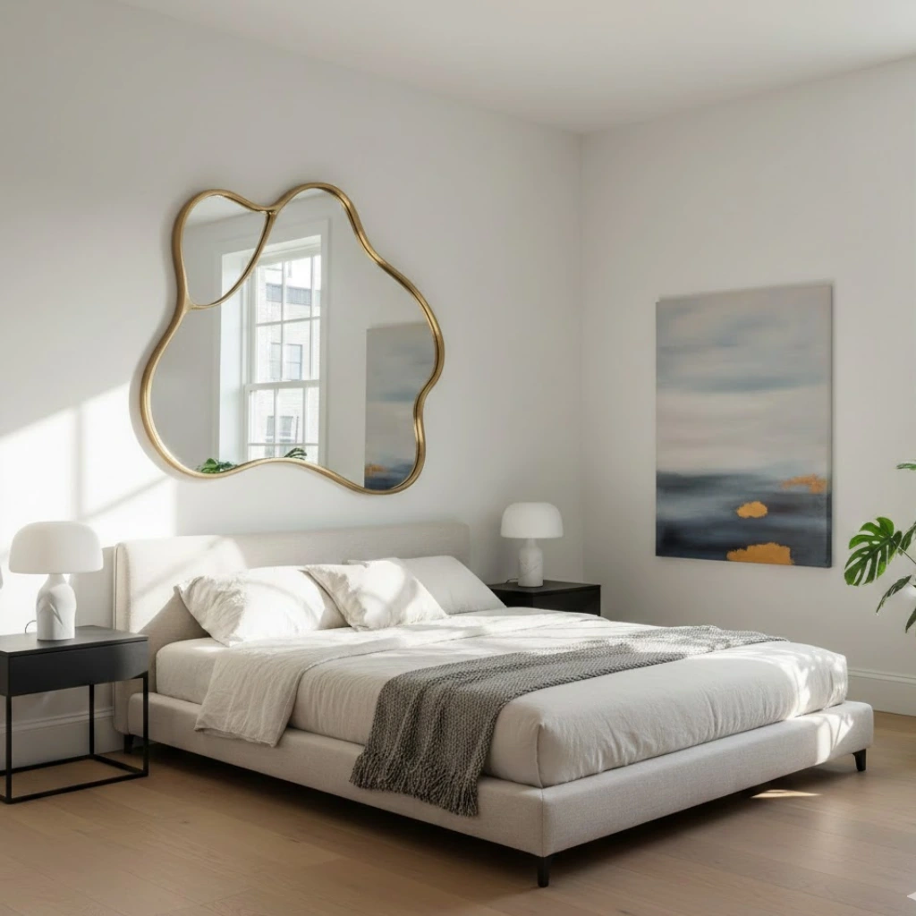 Modern bedroom with mirror decor to enhance space