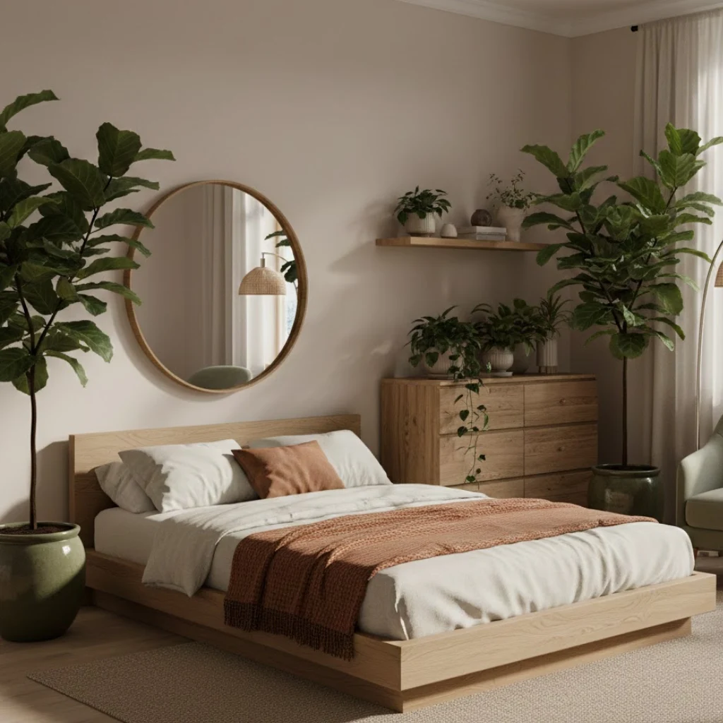 Modern bedroom with natural elements and indoor plants
