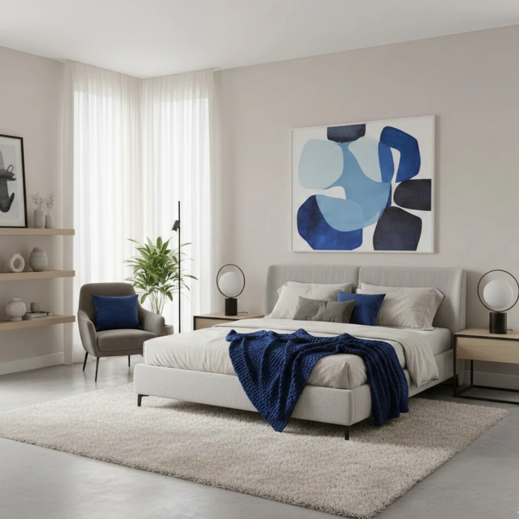 Modern bedroom with neutral tones and bold accent color