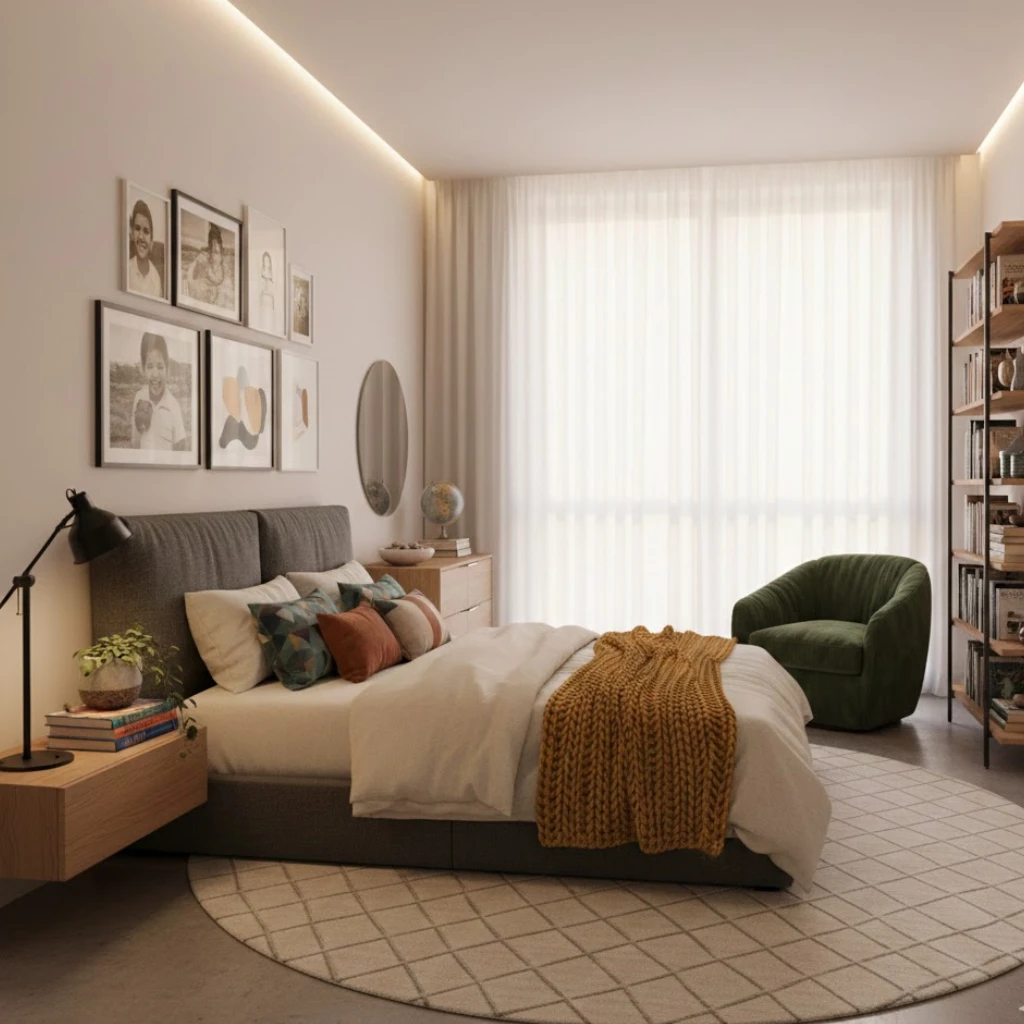 Modern bedroom with personalized decor and accessories