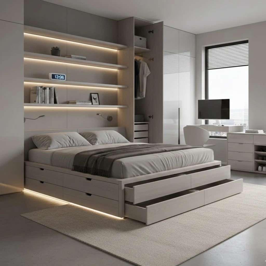Modern bedroom with smart and hidden storage ideas