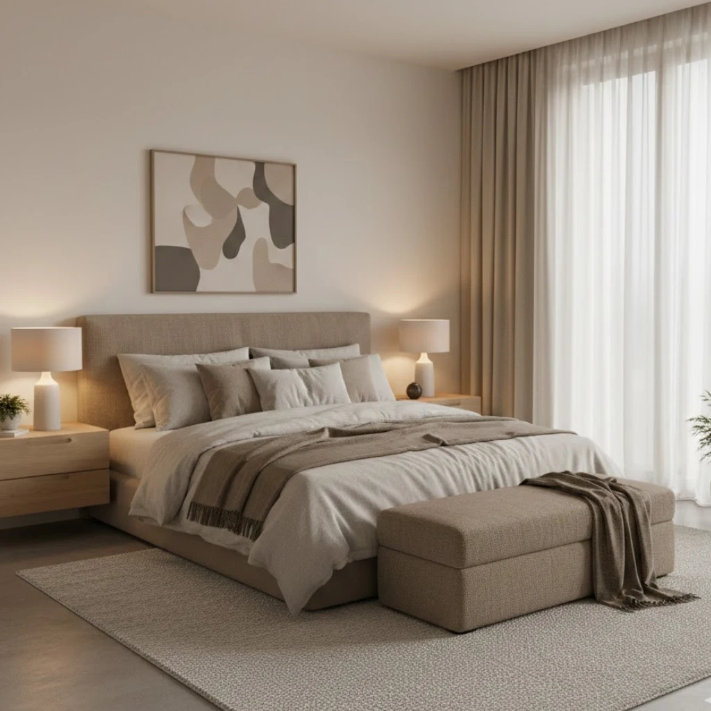Modern bedroom with soft neutral color palette