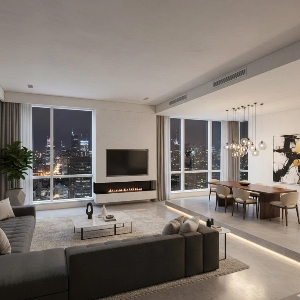 Modern living room and dining room combo design with minimalist furniture and clean lines.