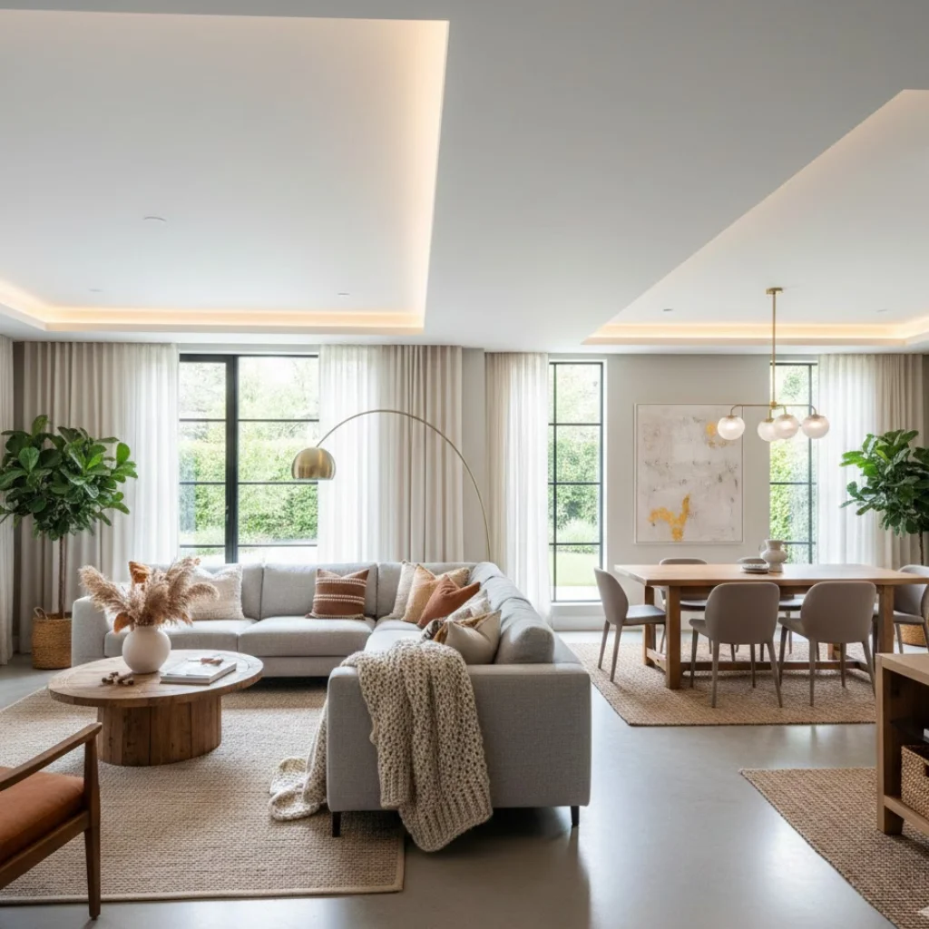 Modern living room and dining room combo design with stylish layout, cohesive decor, and natural light.