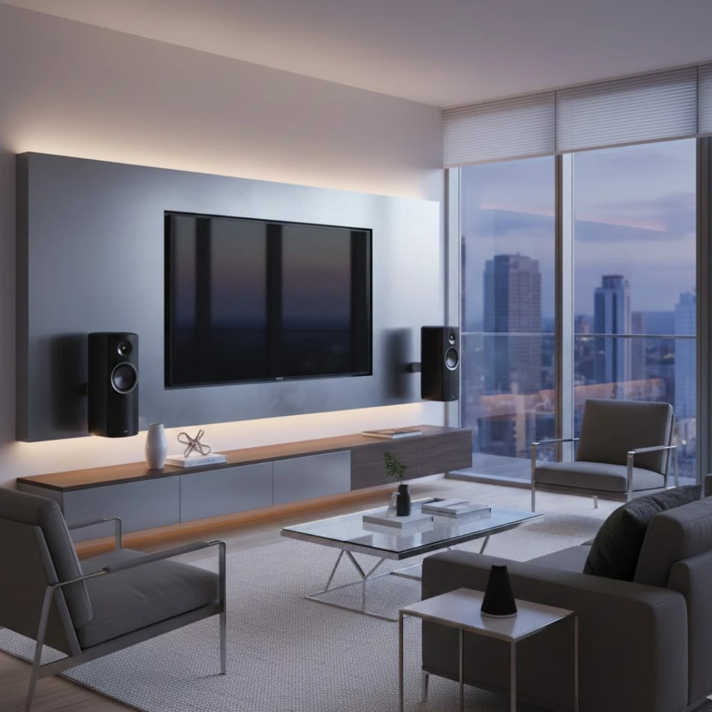 Modern living room integrating smart technology with stylish and minimalist design