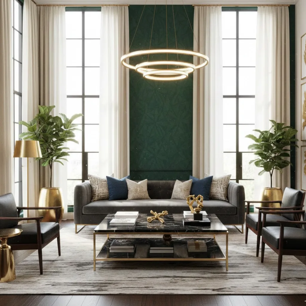 _Modern living room with emerald green accent wallpaper, dark furniture, and gold accents, showcasing a luxurious home decor style._