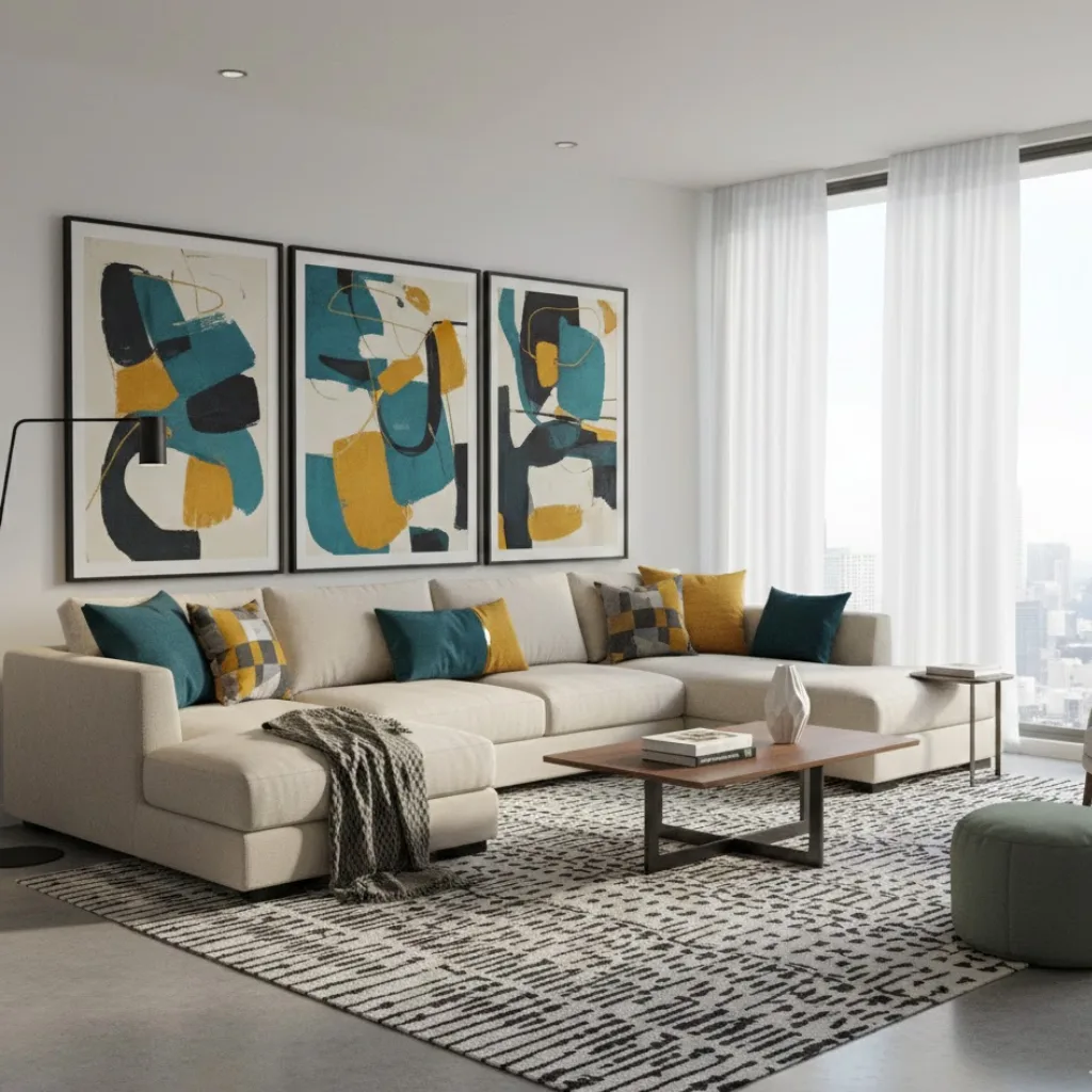 Modern living room with neutral base and bold colorful accents, stylish and vibrant.