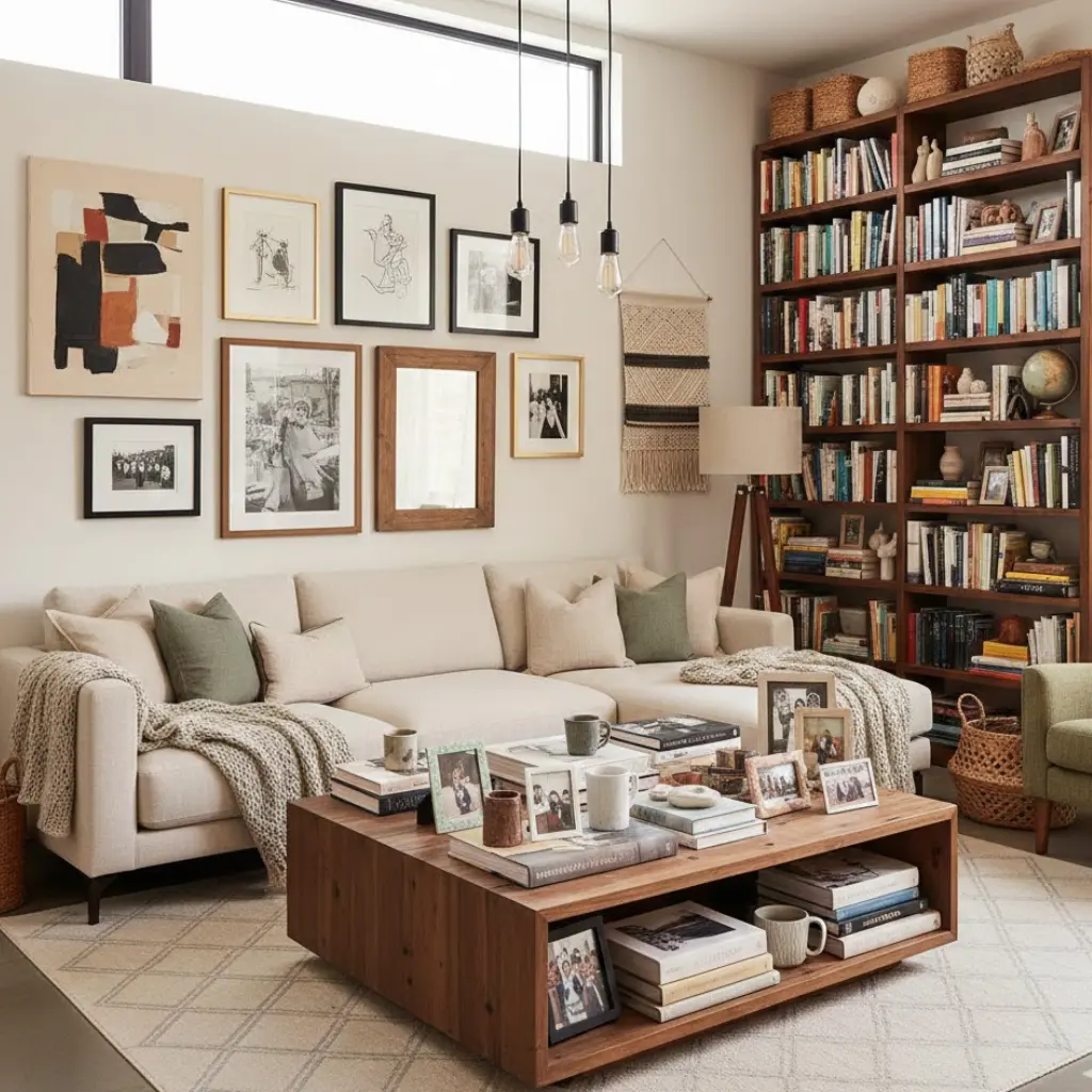 Modern living room with personal décor touches, books, and framed art for a unique feel.
