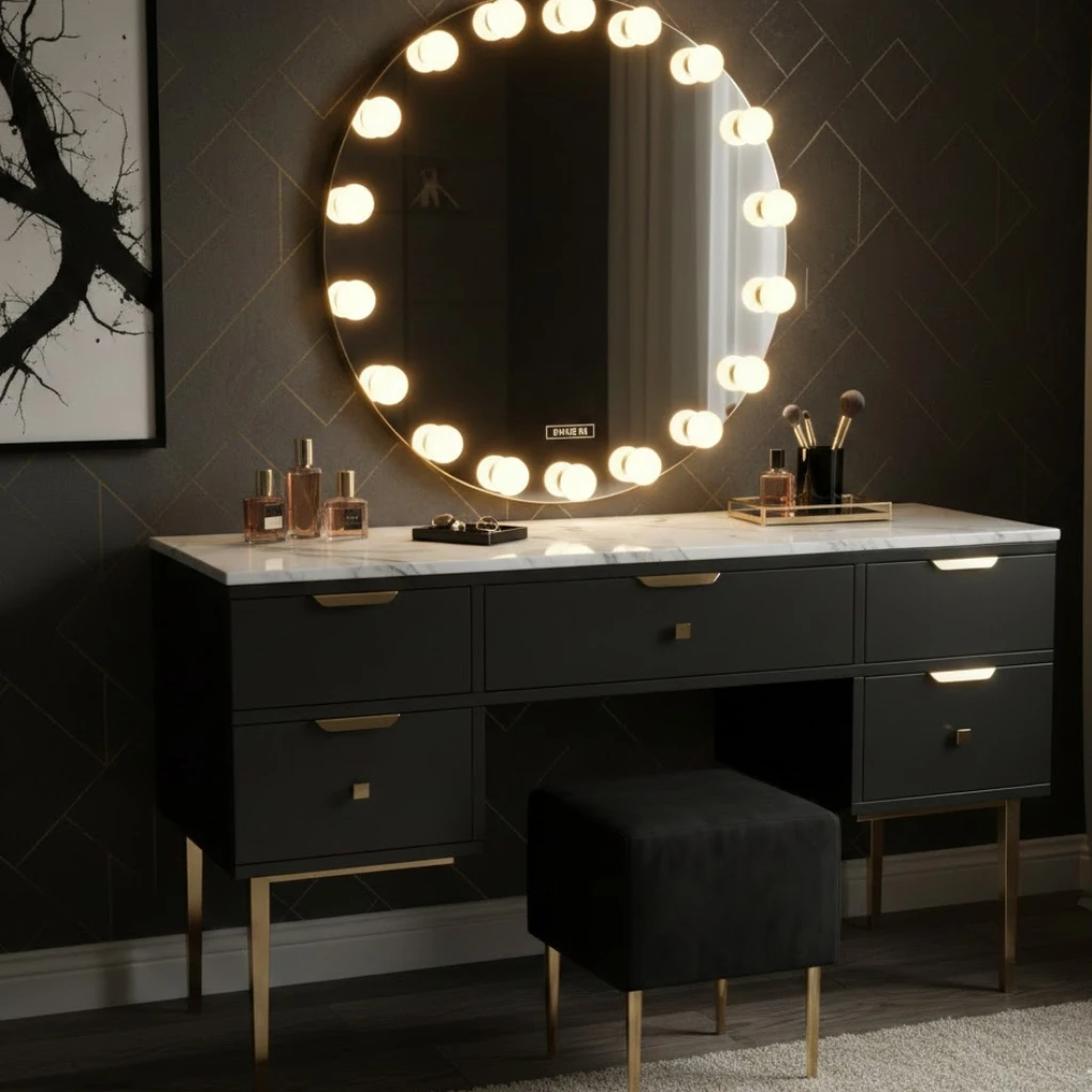 Modern luxury bedroom vanity with marble tabletop, gold accents, and Hollywood lighting for a glamorous feel.