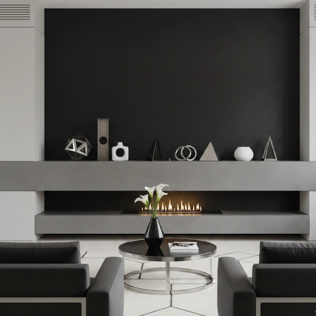Modern mantel decorating ideas with geometric shapes, metallic accents, and a sleek minimalistic design.