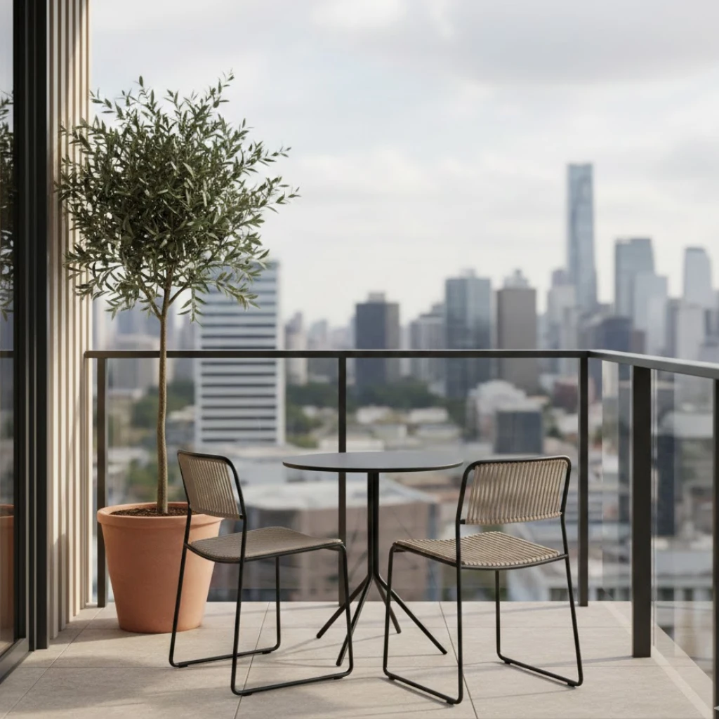 Modern minimal smaA compact apartment balcony featuring a single-seat hanging swing, wooden flooring, soft cushions, indoor plants, and fairy lights. Relaxed lifestyle aesthetic, modern Indian home, warm natural lighting.ll balcony design ideas for apartments with neutral colors and compact furniture