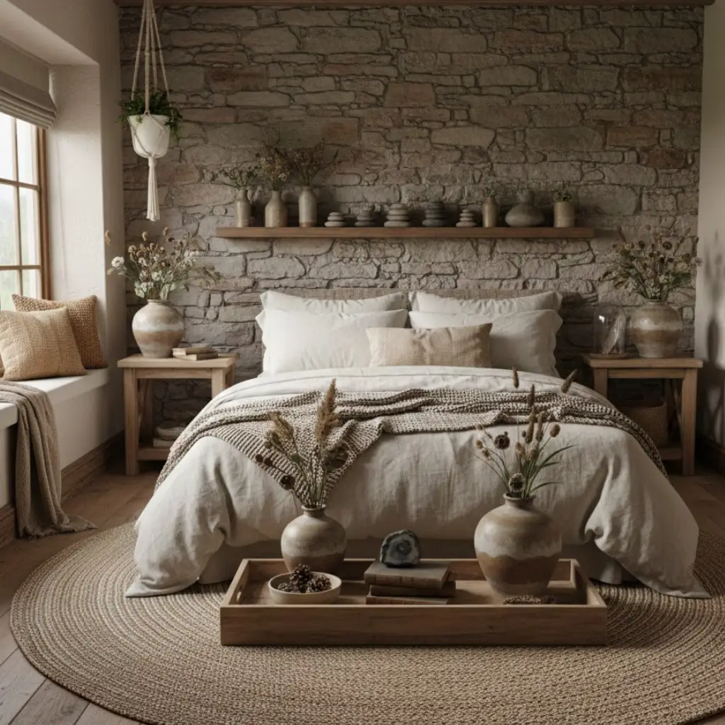 Nature-inspired accessories in an earthy cottage bedroom