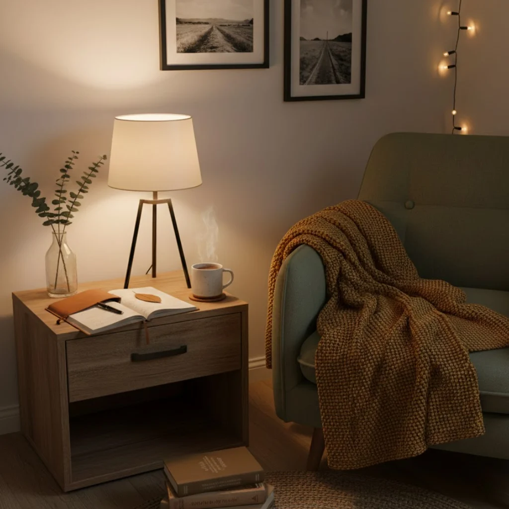 Night routine corner in a cozy small bedroom