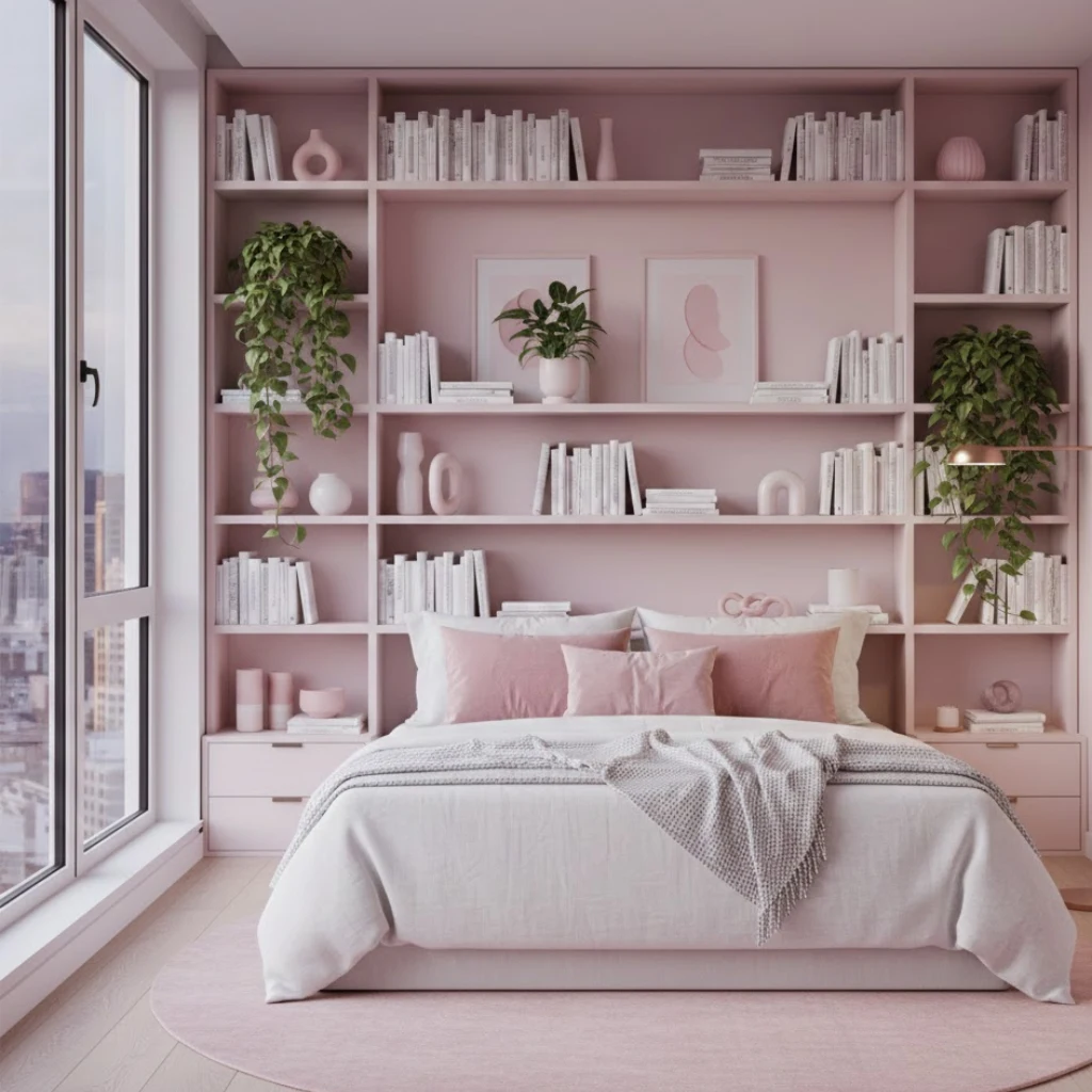 Open shelving styled in a pink and white bedroom decor aesthetic