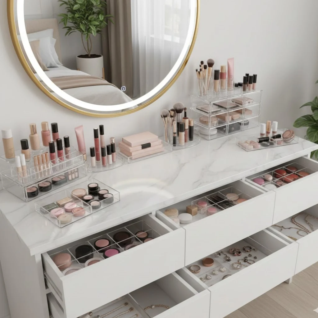 Organized bedroom vanity with acrylic organizers and drawer dividers for a clean, clutter-free space