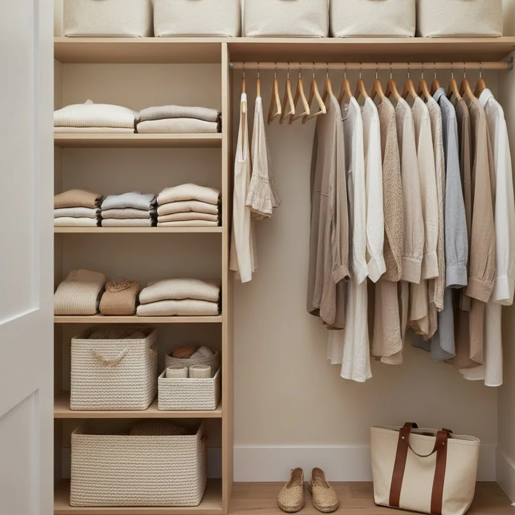 Organized closet making a small bedroom feel cozy