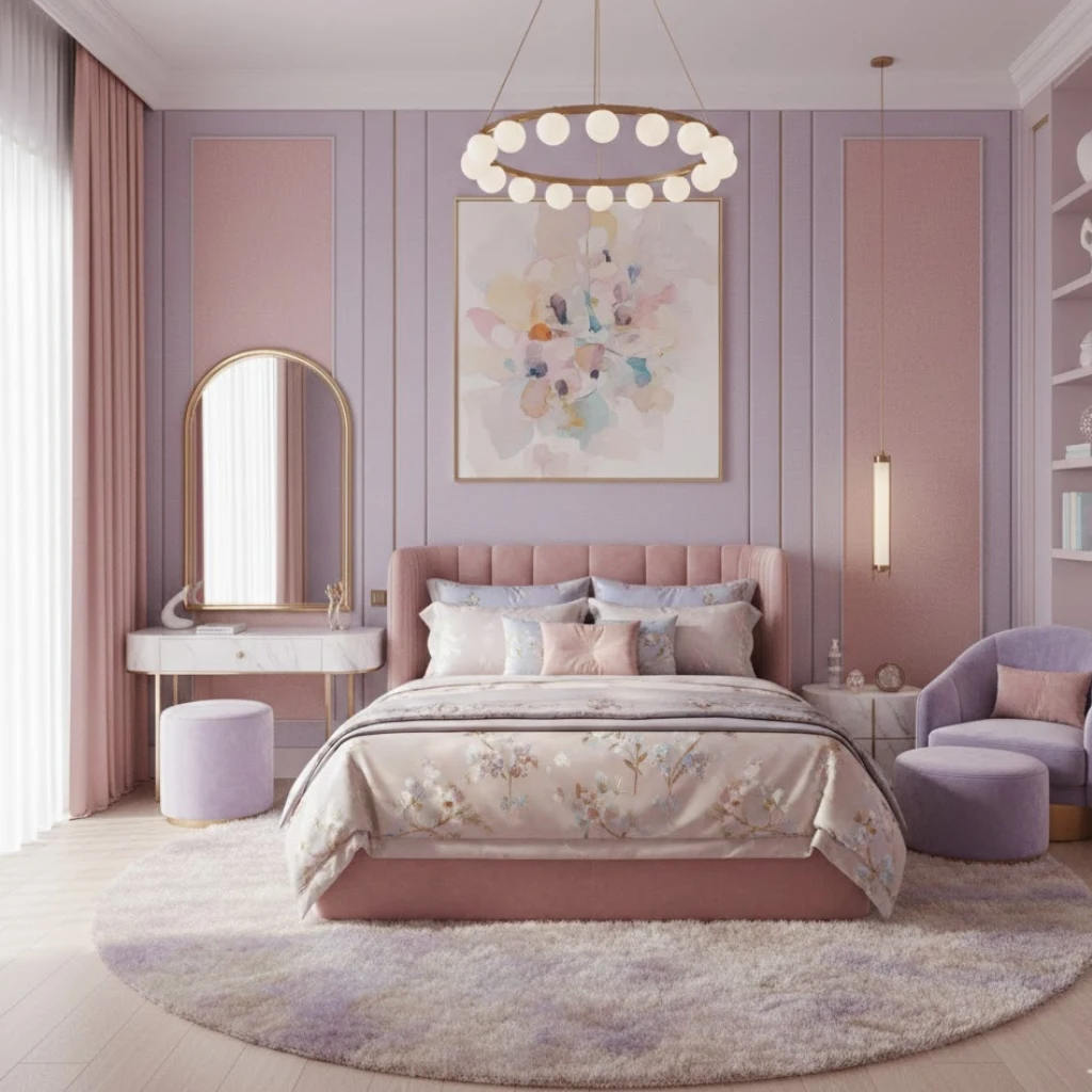 Pastel luxury girls bedroom with soft elegant colors and modern decor