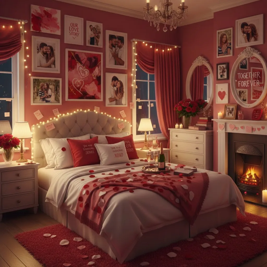 Personalized Valentine’s decor featuring couple photos, love notes, and custom artwork for a romantic touch.