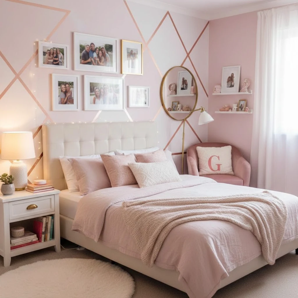 Personalized aesthetic pink and white bedroom with custom decor details