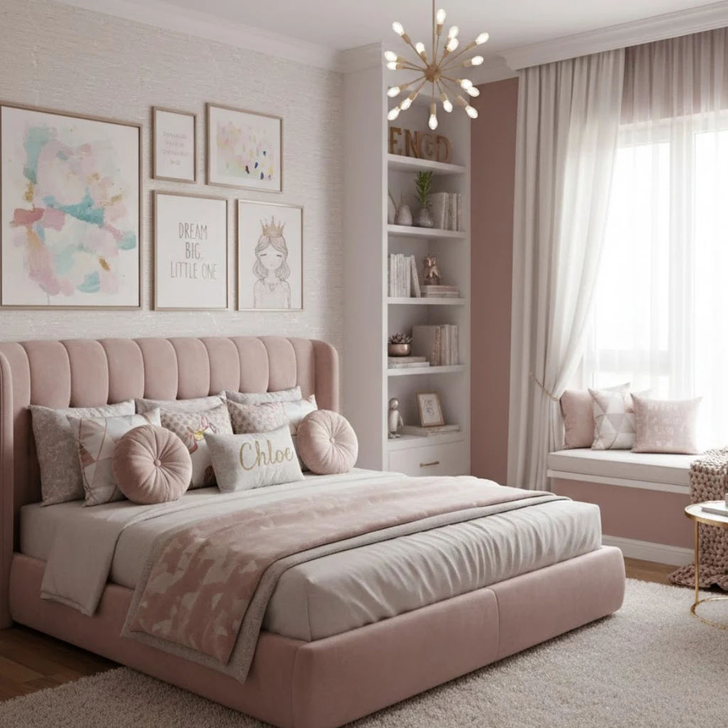 Personalized luxury girls bedroom with custom decor details