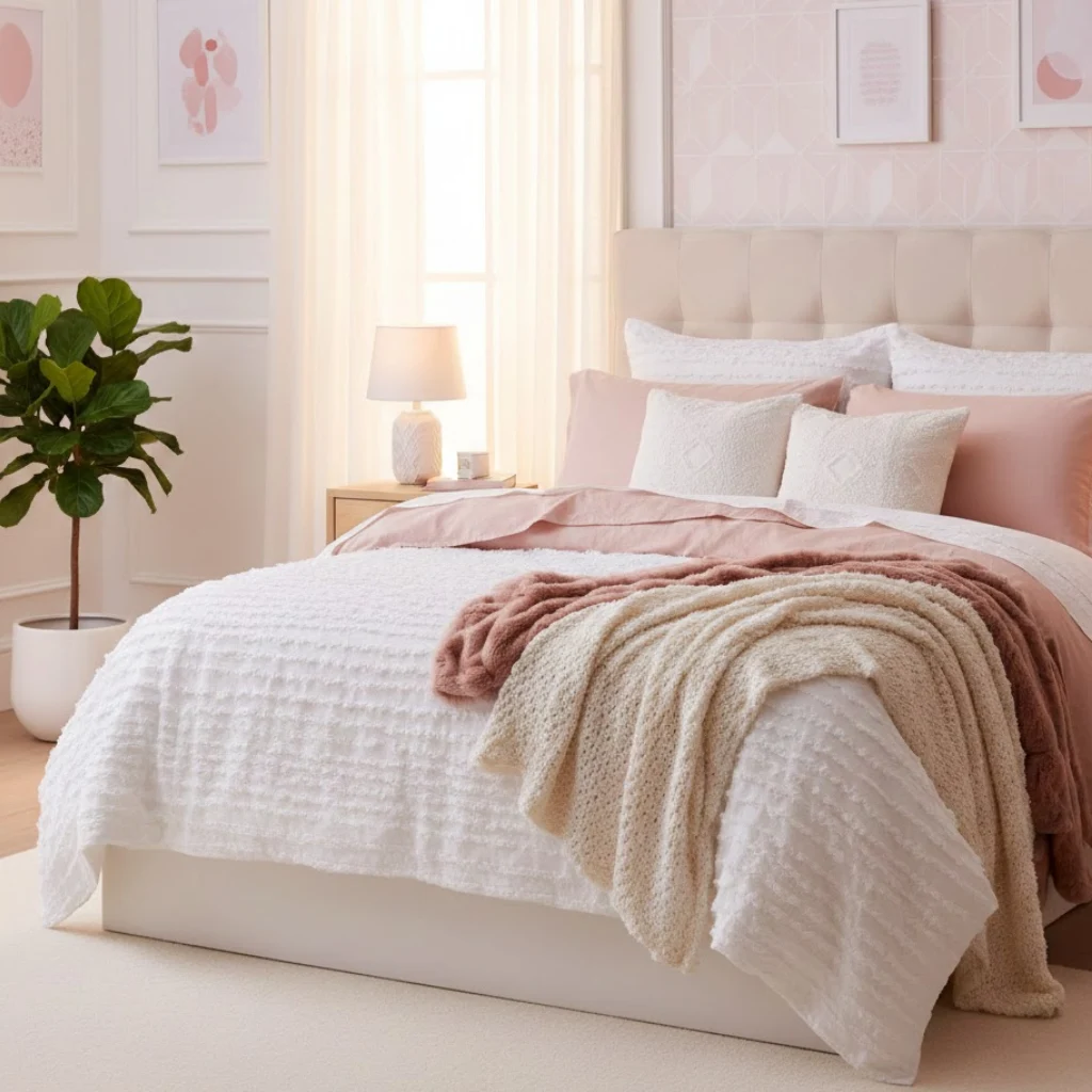 Pink and white bedding creating a cozy bedroom aesthetic pink and white style