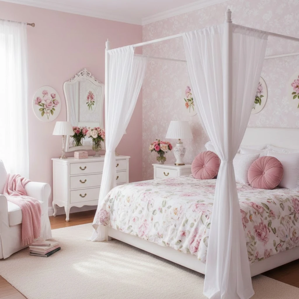 Pink and white bedroom aesthetic with floral decor and romantic styling