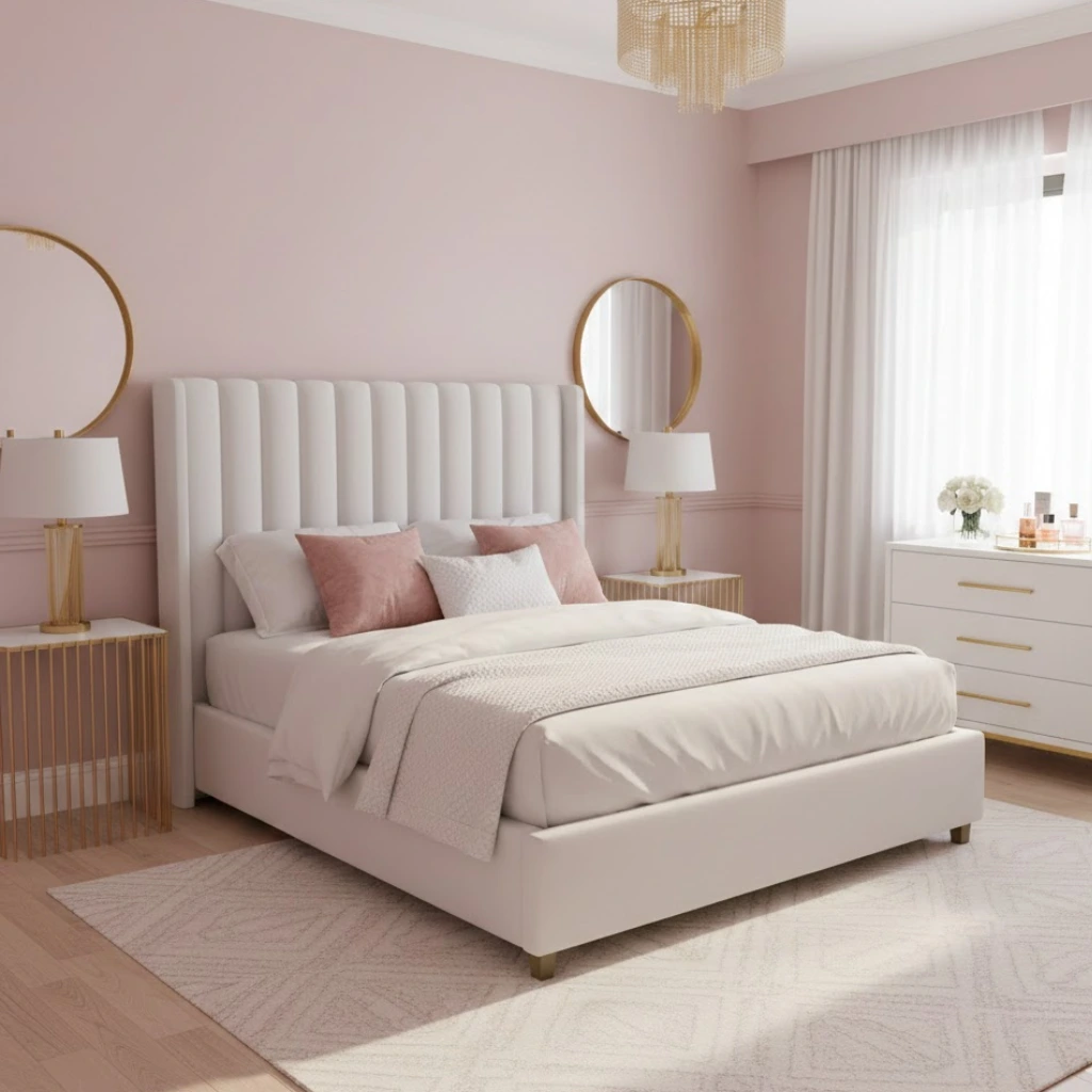Pink and white bedroom aesthetic with gold accents and elegant decor