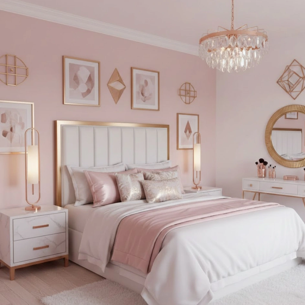 Pink and white bedroom decor featuring elegant gold and rose gold accents