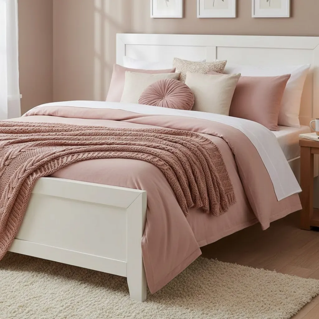 Pink and white bedroom decor with layered cozy bedding and soft textures