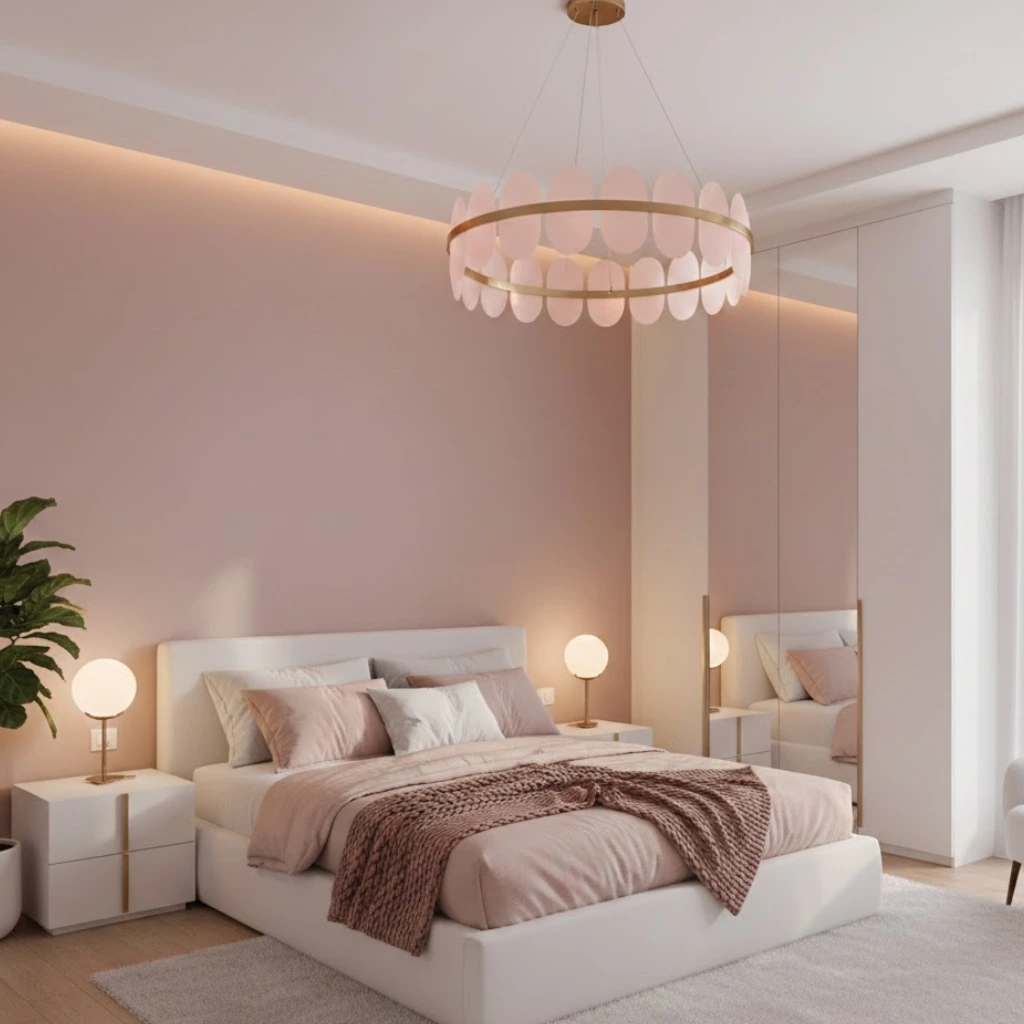 Pink and white bedroom decor with statement lighting and modern style
