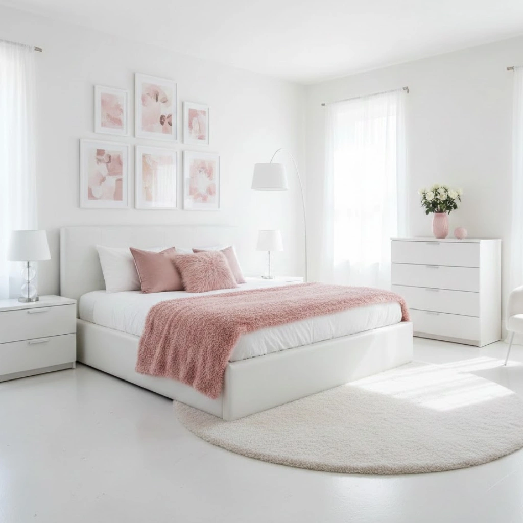 Pink and white bedroom ideas with white walls and blush pink decor accents