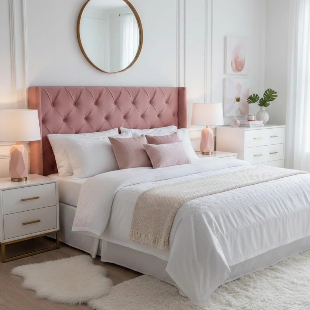 Pink statement headboard in a stylish pink and white bedroom aesthetic