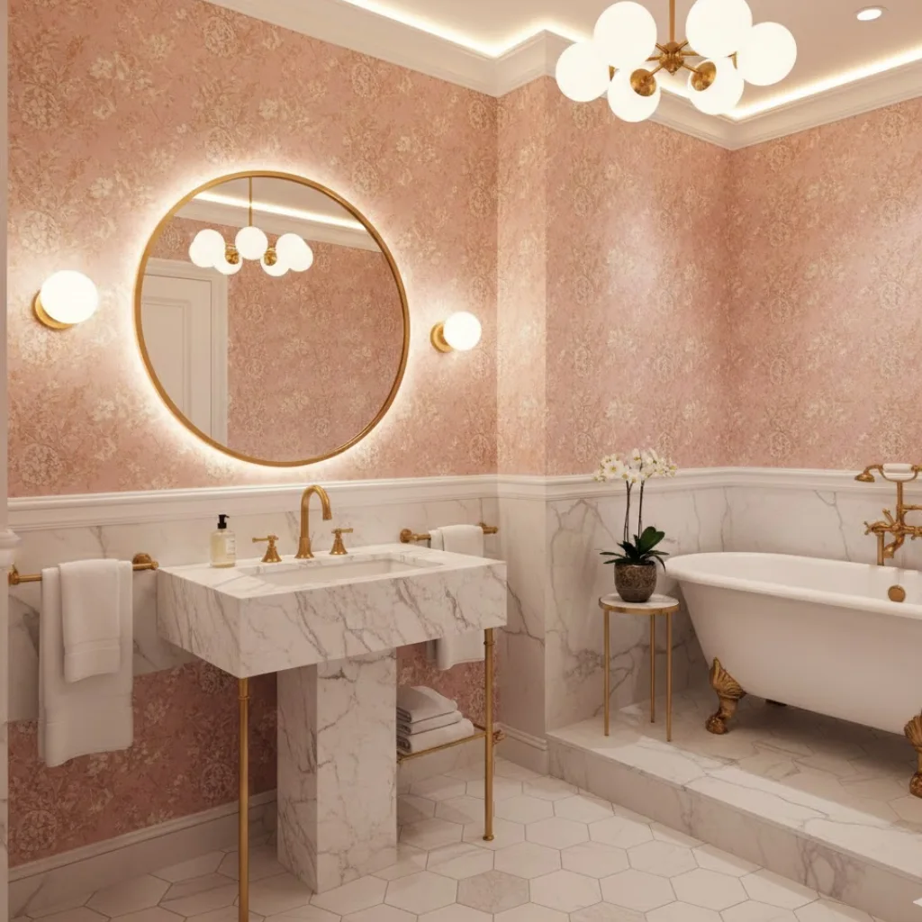 Pink wallpaper ideas for bathroom that add elegance and luxury.