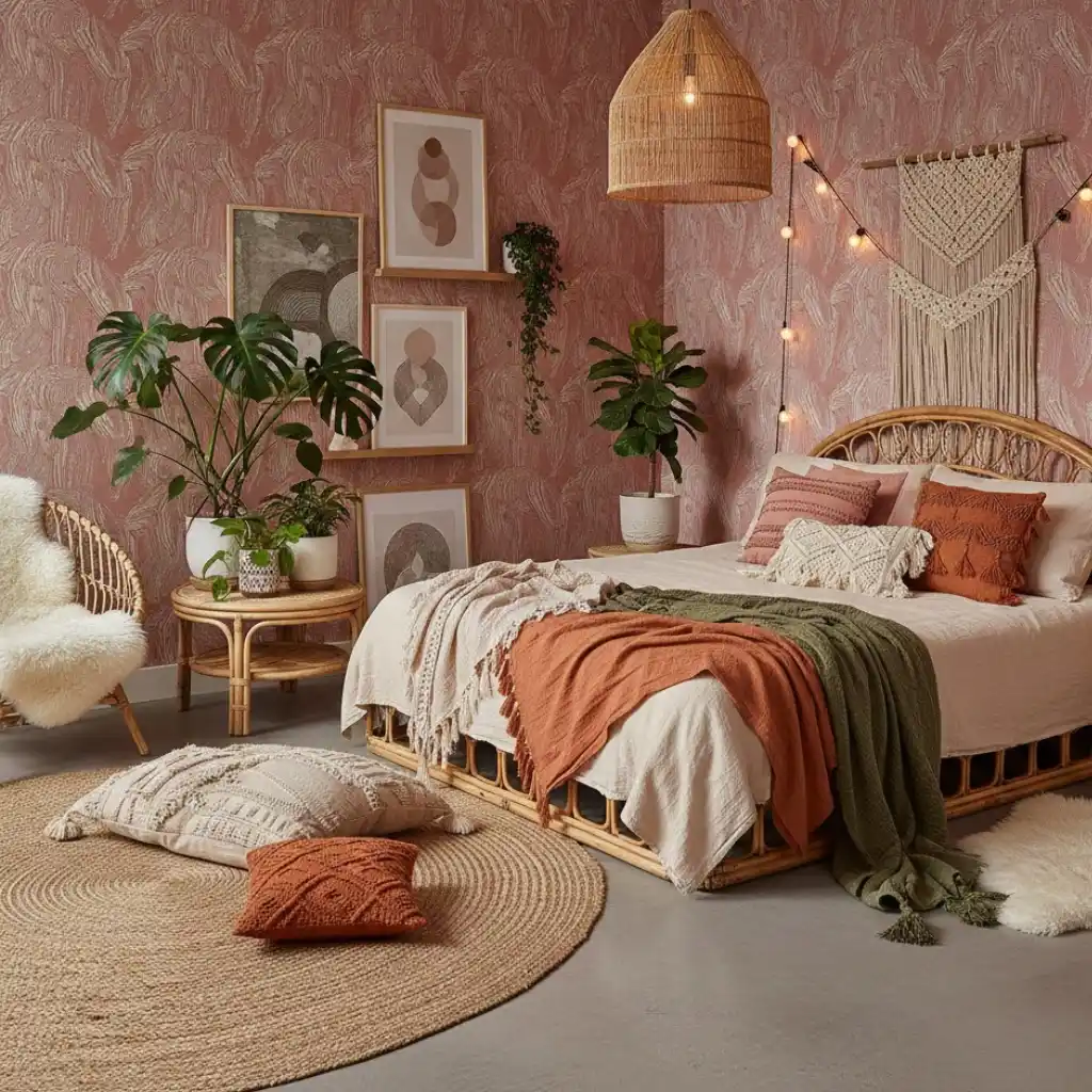 Pink wallpaper ideas for bohemian style with warm tones and artistic patterns.