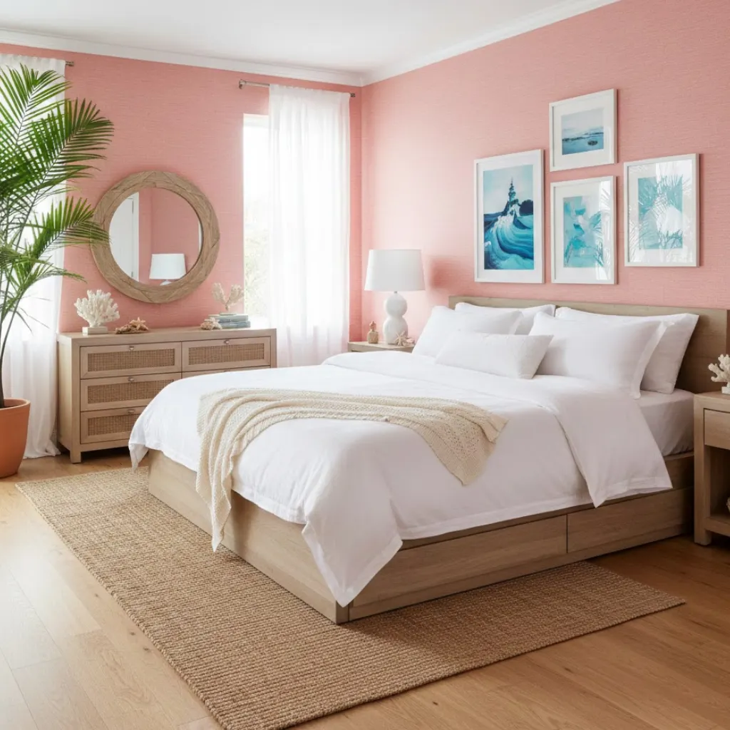 Pink wallpaper ideas for coastal vibes with soft coral and beach-inspired decor.