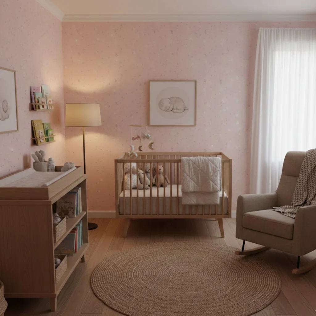Pink wallpaper ideas for nursery with soft pastel tones and playful patterns.