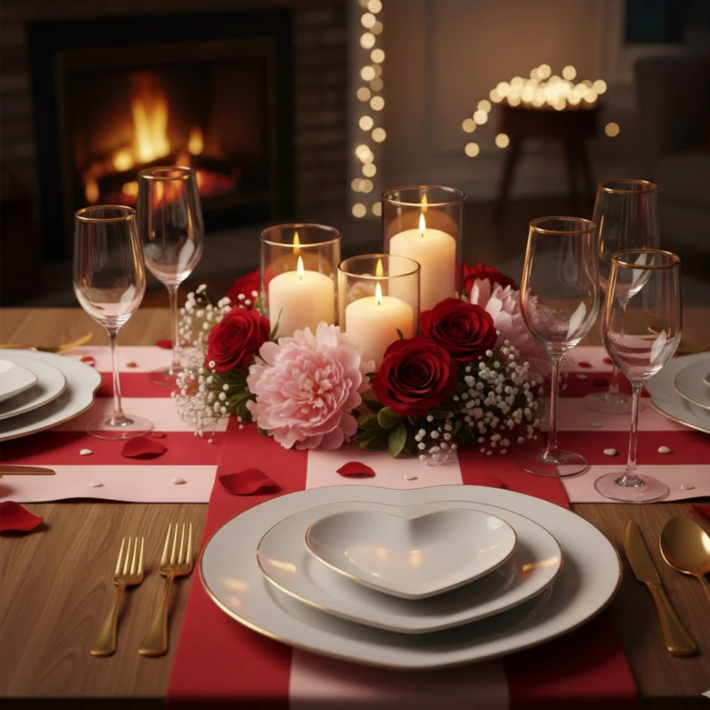 Romantic Valentine’s Day dining table with elegant tableware, candles, and floral centerpiece