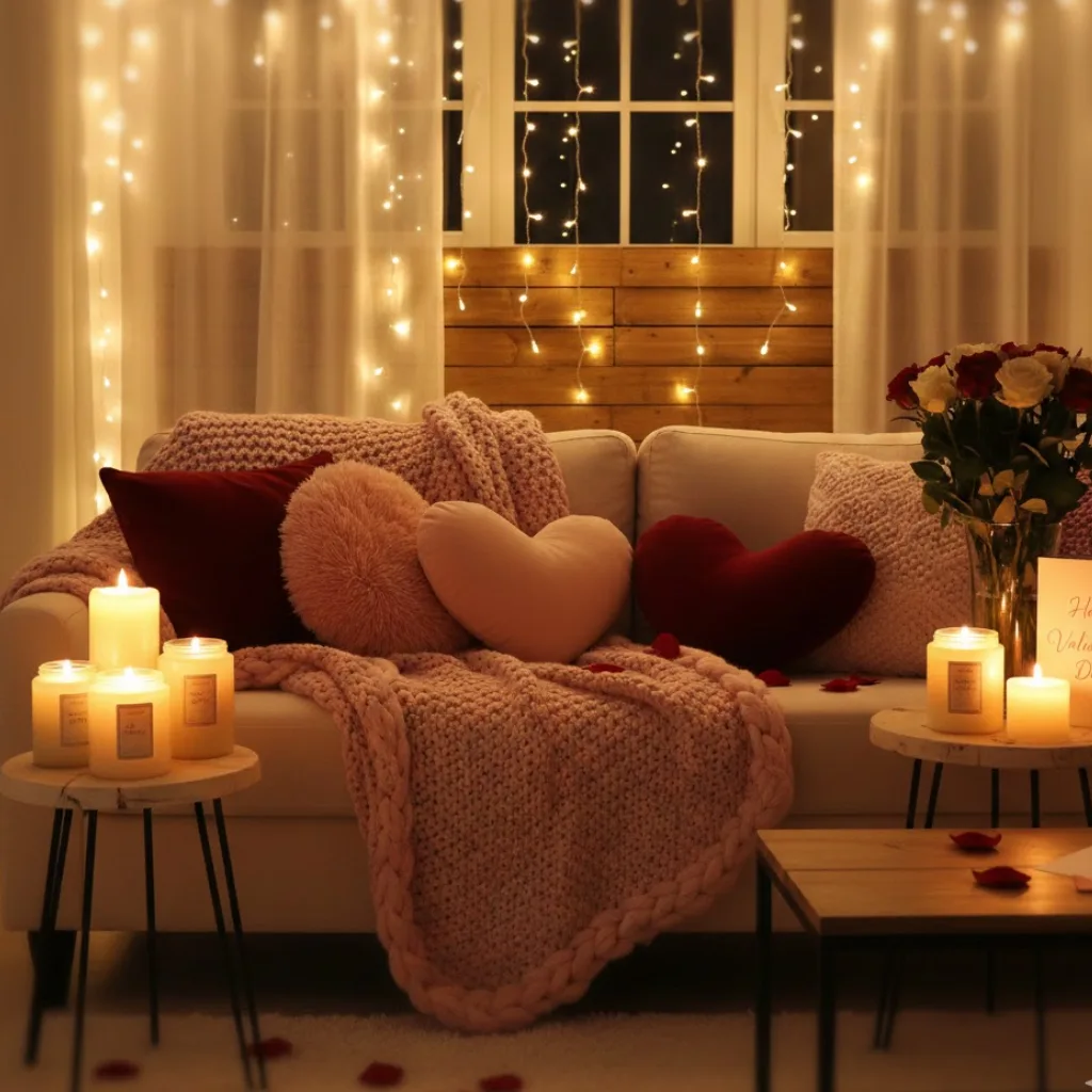 Romantic living room with warm fairy lights, scented candles, and soft cozy textiles for Valentine’s Day