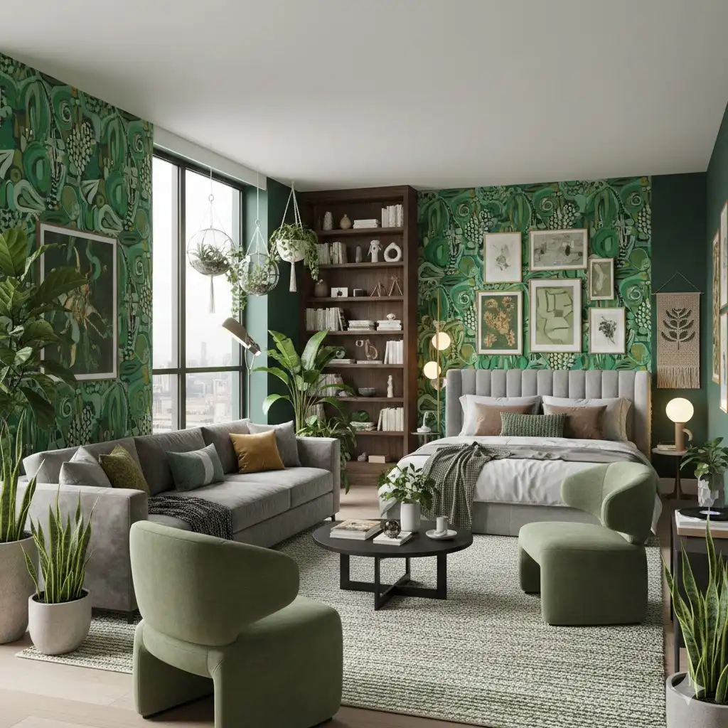 Room with custom green wallpaper featuring unique patterns, modern furniture, and artistic home decor style.